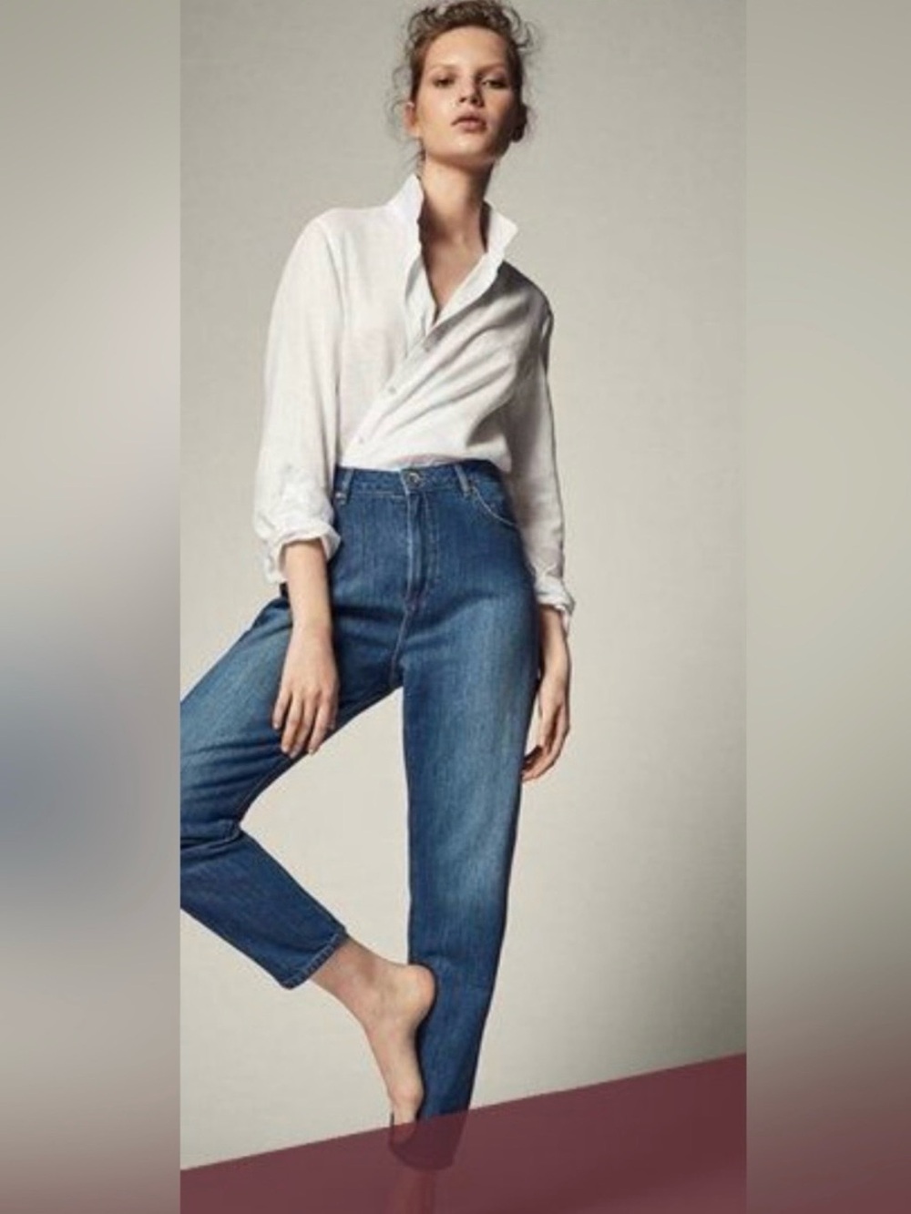 Massimo Dutti High Rise High Waisted Tapered Jeans in Medium Blue | Mom Jeans